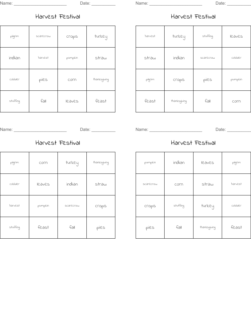 Harvest Festival Bingo Cards