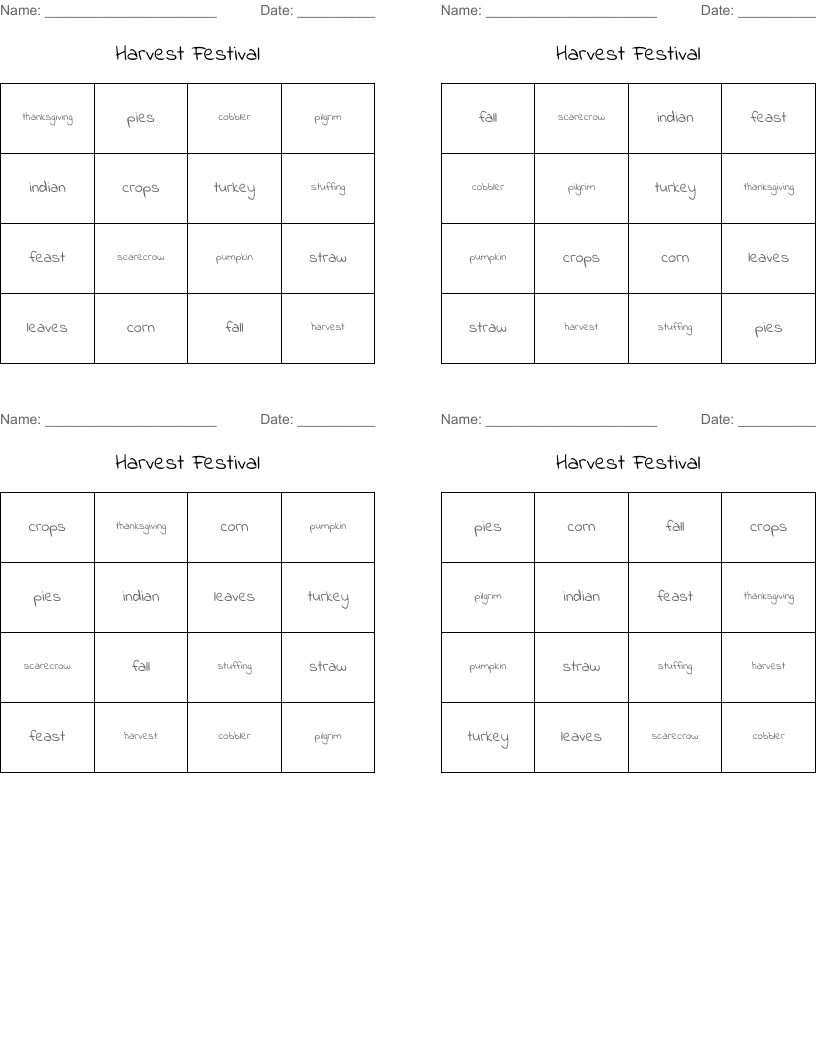 Harvest Festival Bingo Cards