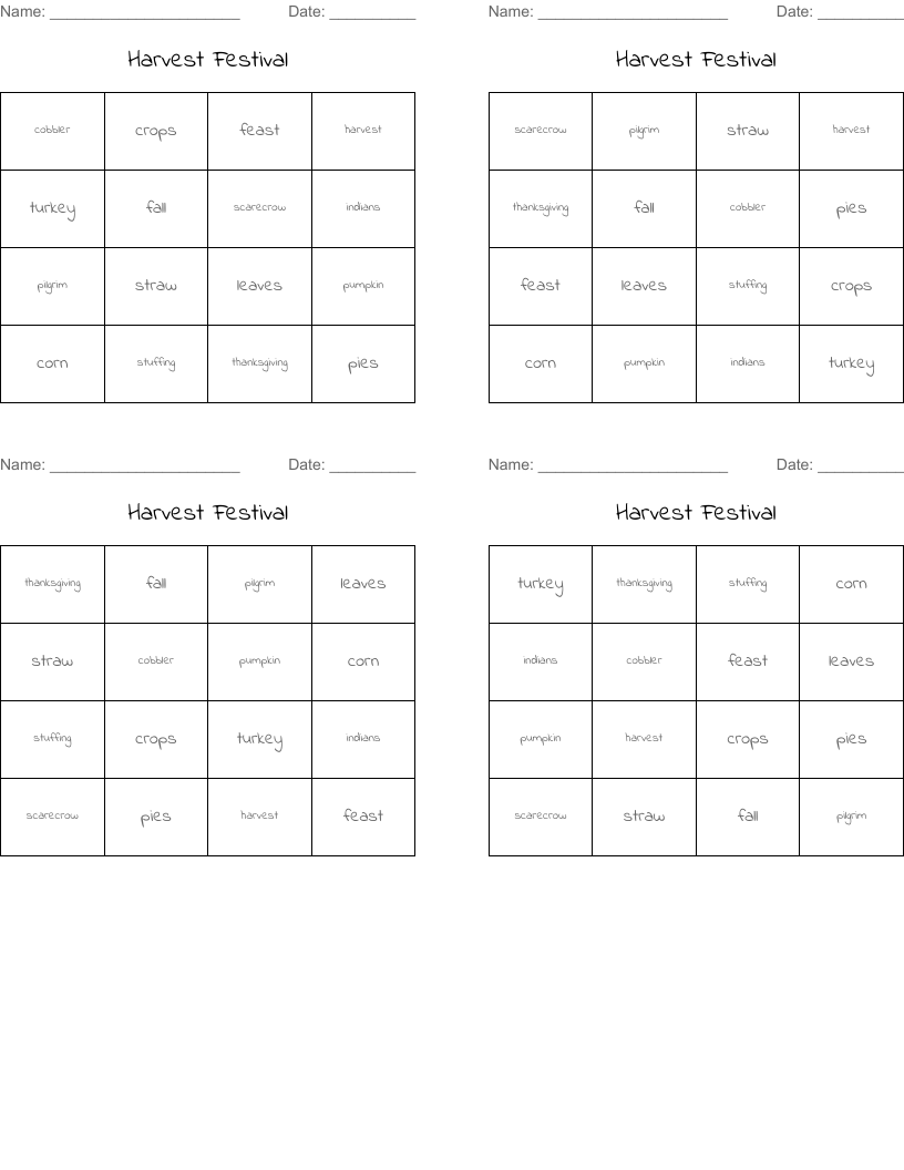 Harvest Festival Bingo Cards