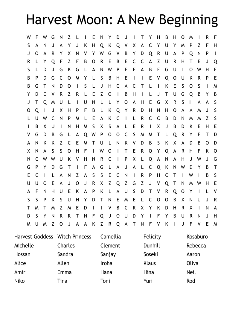 Harvest Moon: A New Beginning Word Search