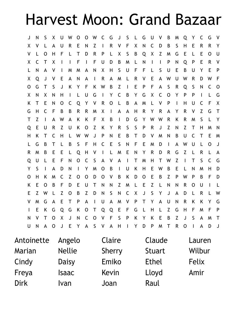 Harvest Moon: Grand Bazaar Word Search