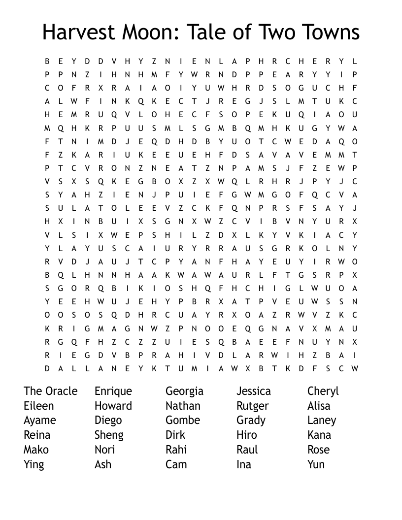 Harvest Moon: Tale of Two Towns Word Search