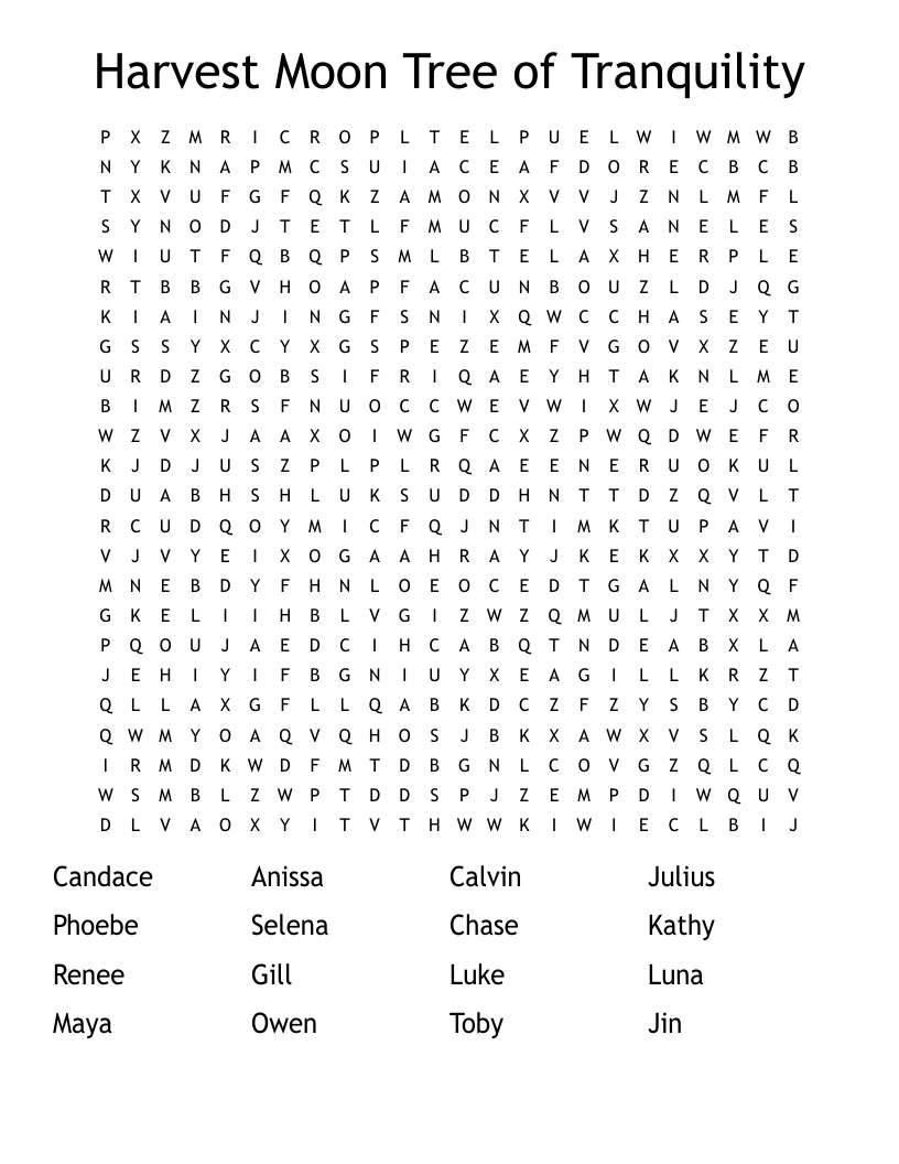 Harvest Moon Tree of Tranquility Word Search