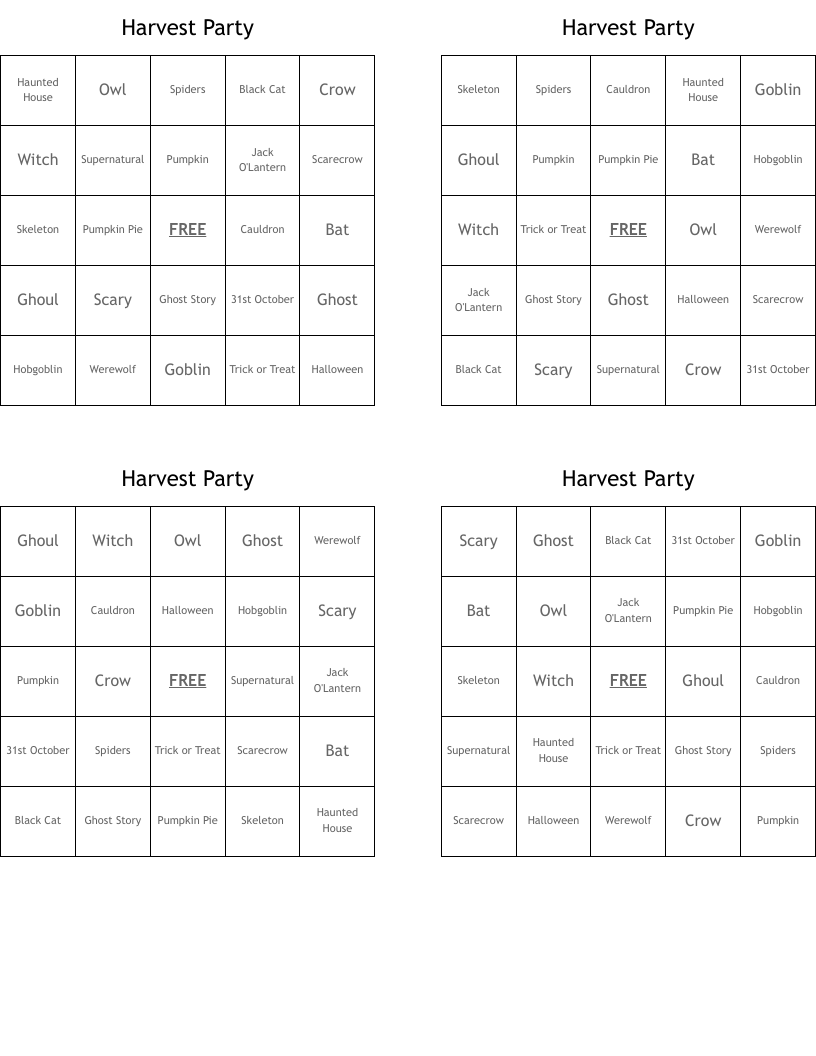 Harvest Party Bingo Cards