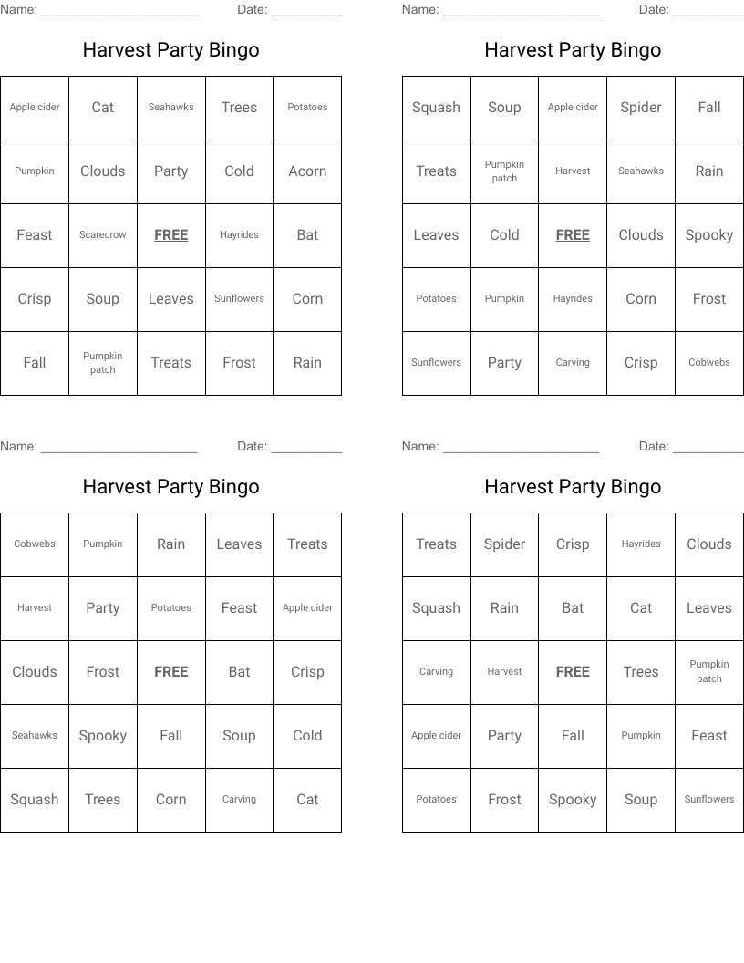 Harvest Party Bingo