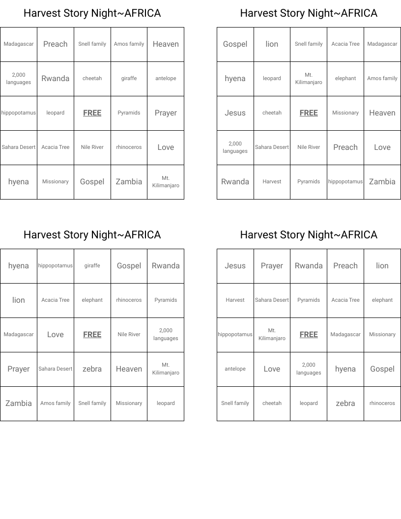 Harvest Story Night~AFRICA Bingo Cards