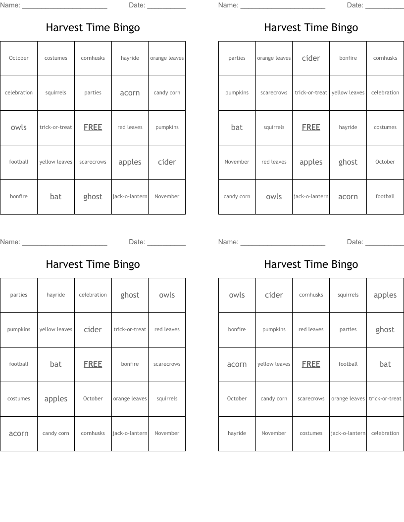 Harvest Time Bingo