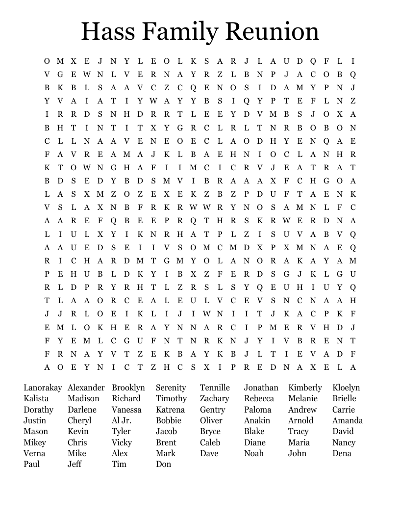 Hass Family Reunion Word Search
