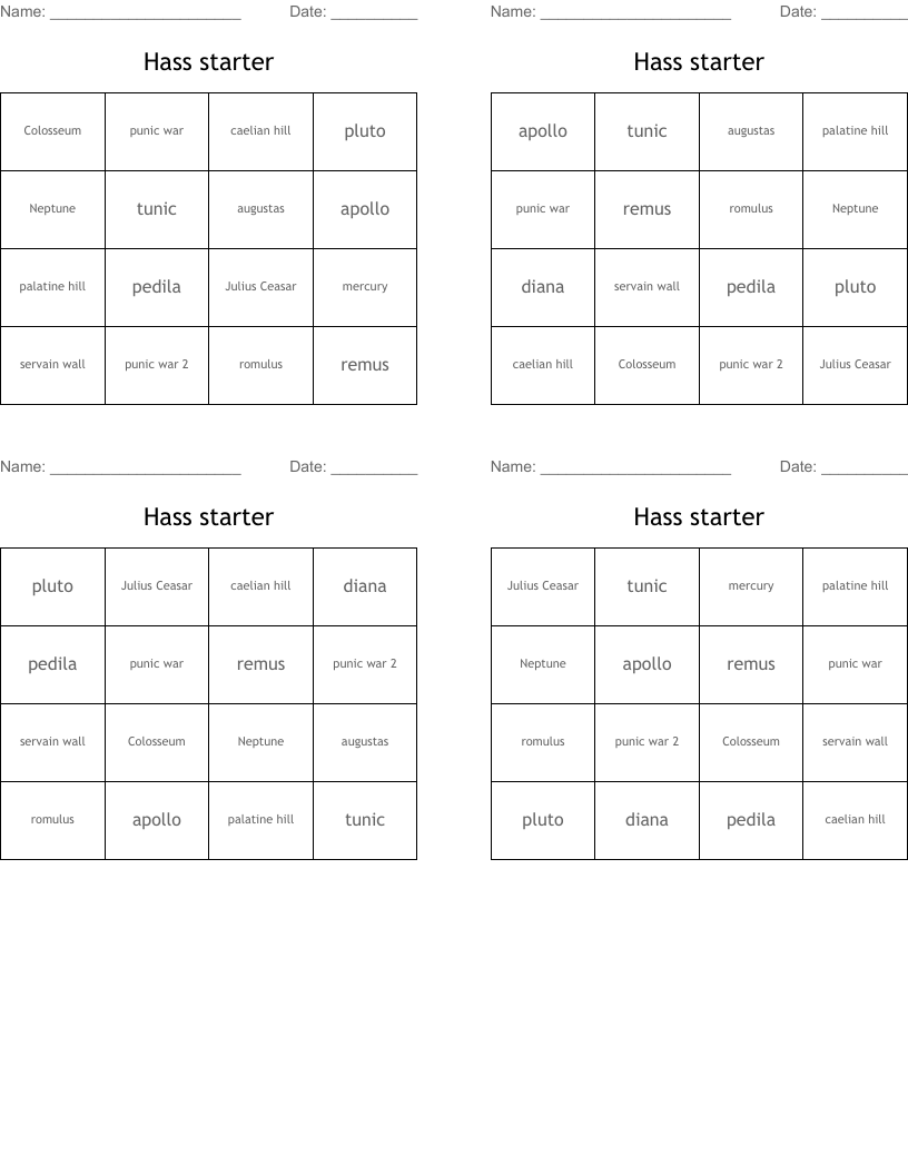 Hass starter Bingo Cards