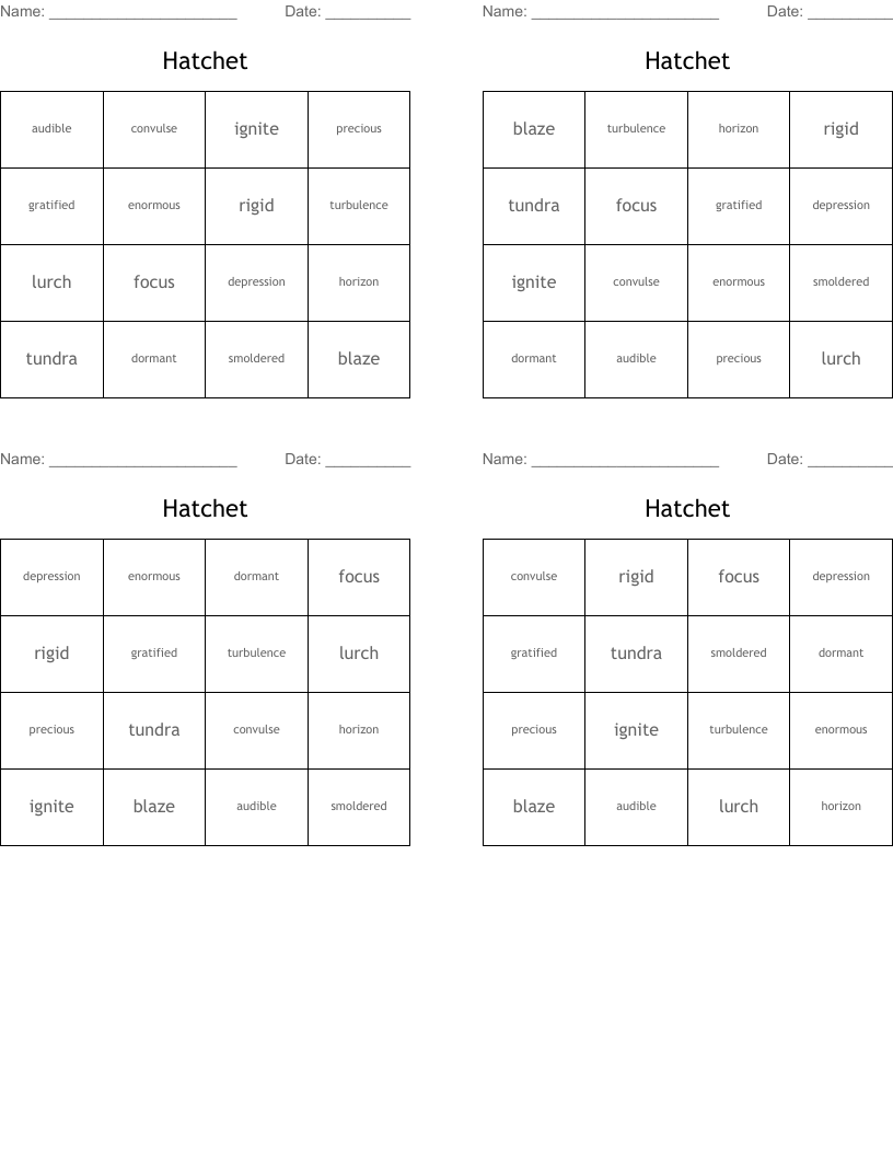 Hatchet Bingo Cards