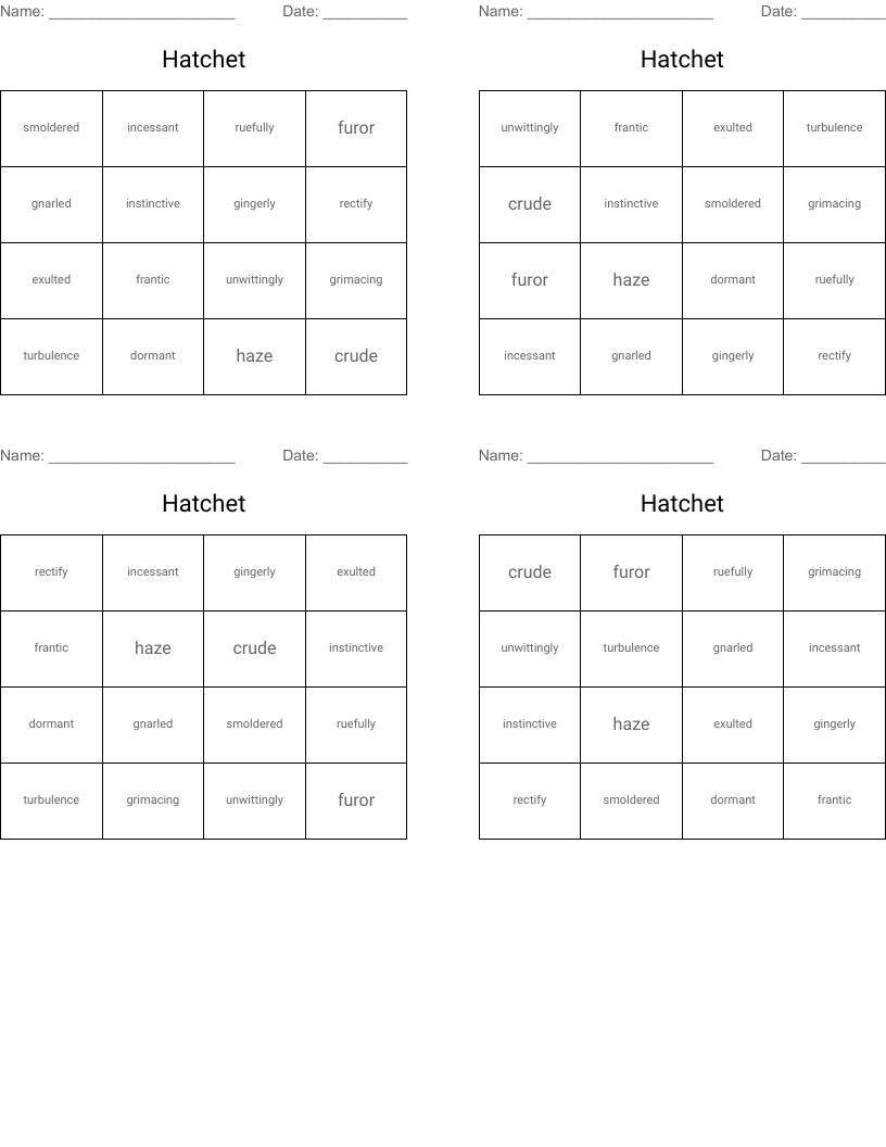 Hatchet Bingo Cards