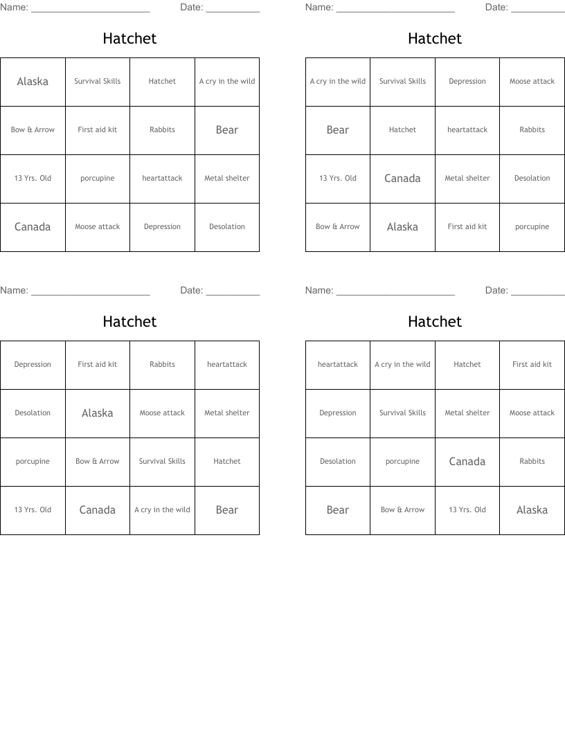 Hatchet Bingo Cards