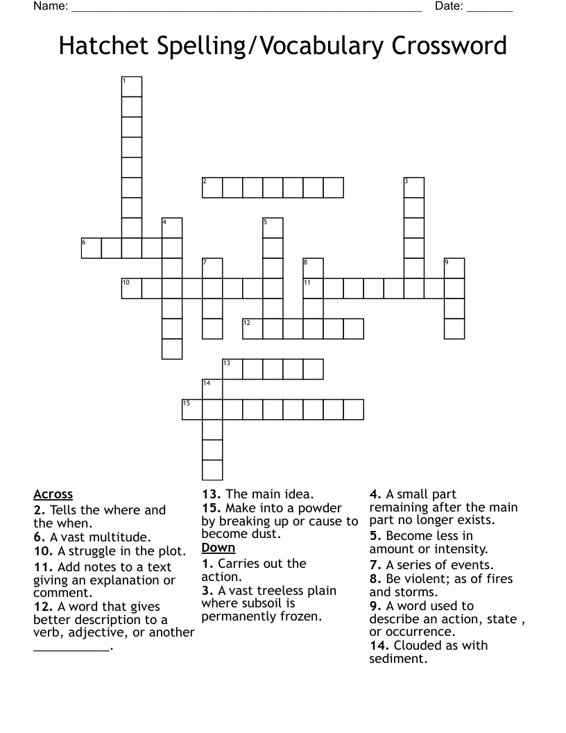 Hatchet Spelling/Vocabulary Crossword