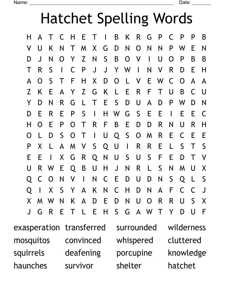 Hatchet Spelling Words Word Search