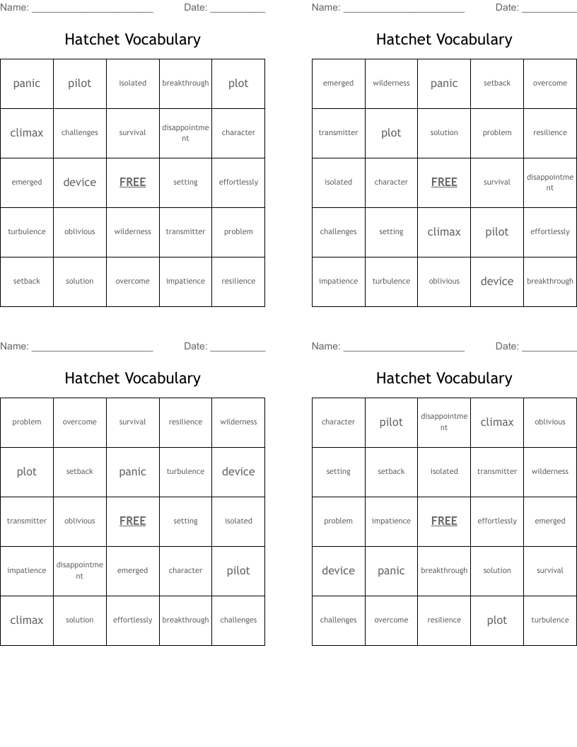 Hatchet Vocabulary Bingo Cards