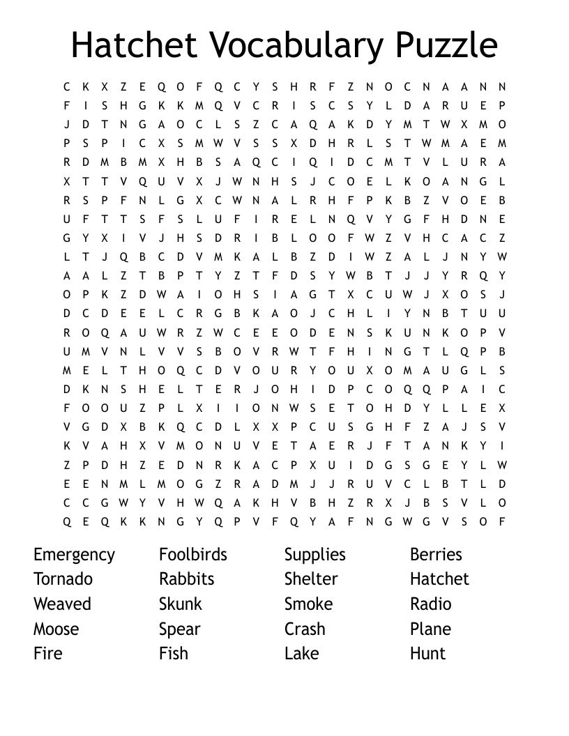 Hatchet Vocabulary Puzzle Word Search