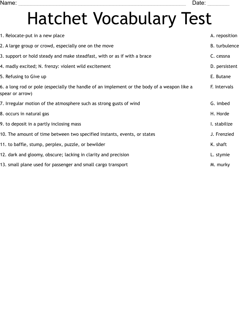 Hatchet Vocabulary Test Worksheet