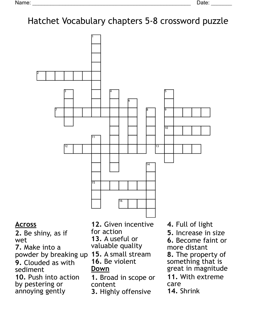 Hatchet Vocabulary chapters 5-8 crossword puzzle 
