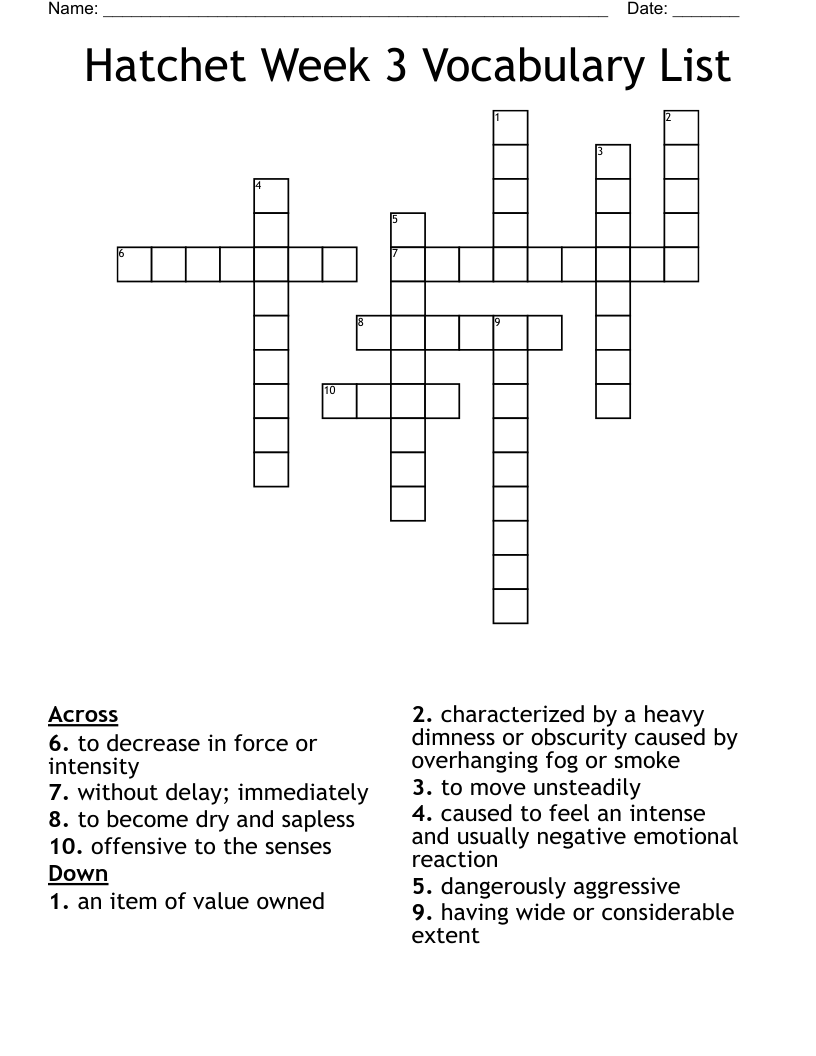 Hatchet Week 3 Vocabulary List Crossword