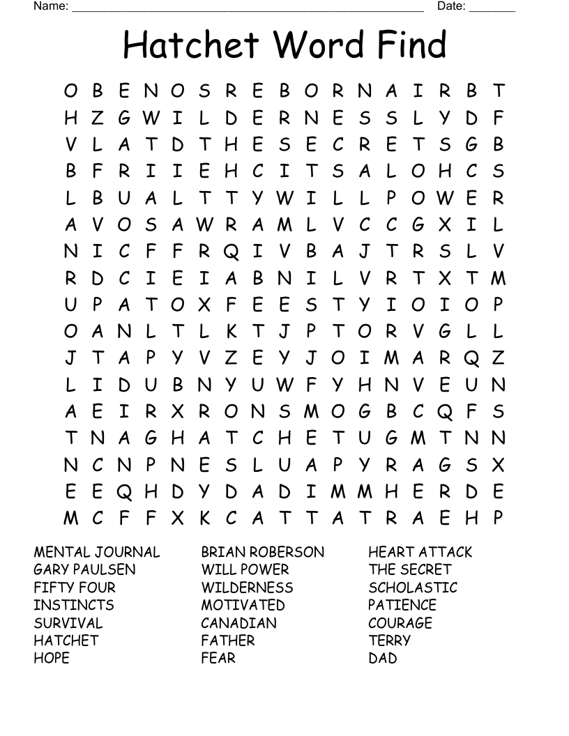 Hatchet Word Find Word Search
