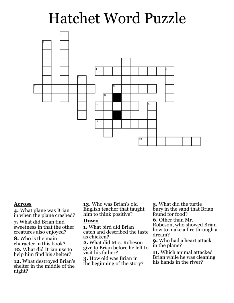 Hatchet Word Puzzle Crossword