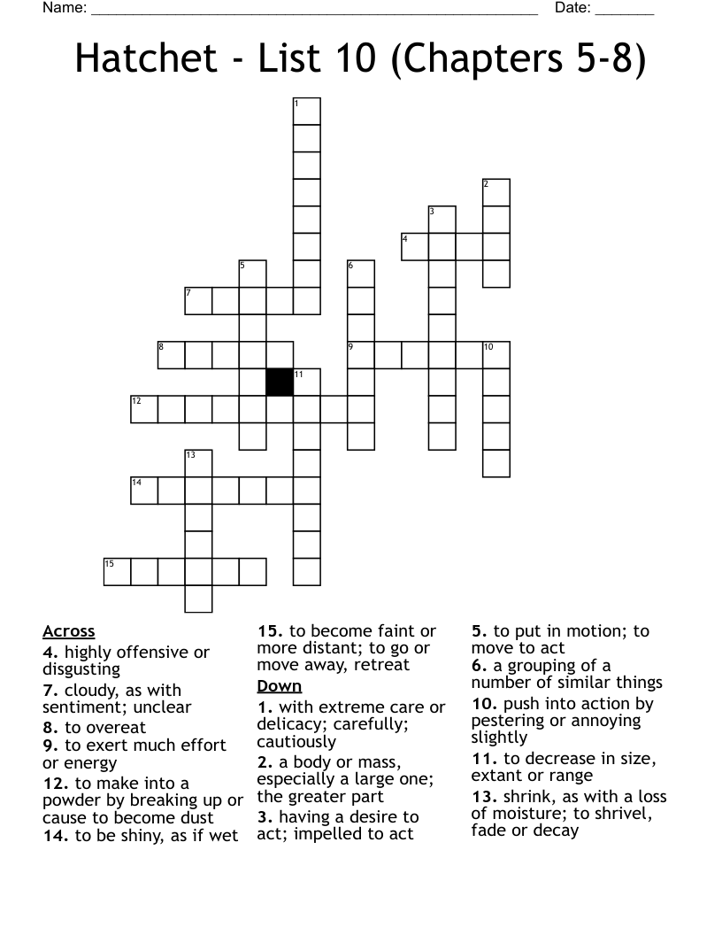 Hatchet - List 10 (Chapters 5-8) Crossword