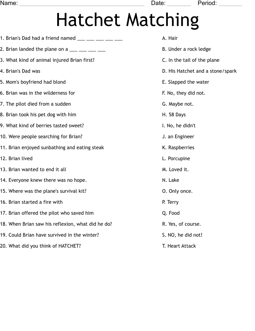 Hatchet  Matching Worksheet