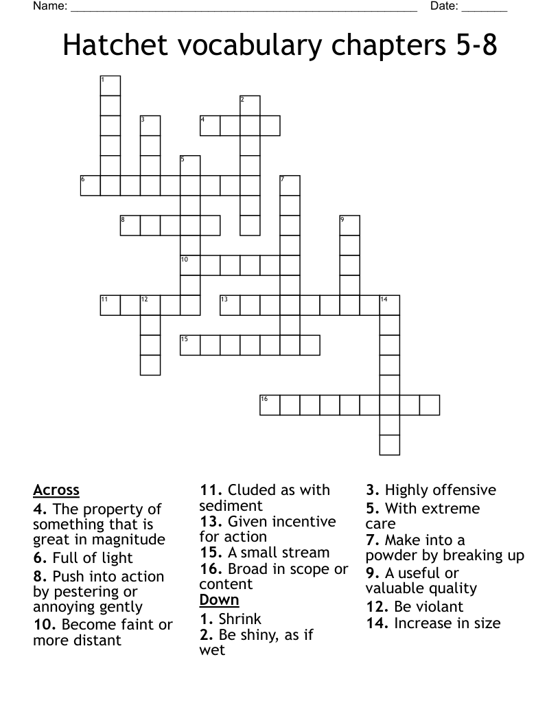 Hatchet vocabulary chapters 5-8  Crossword