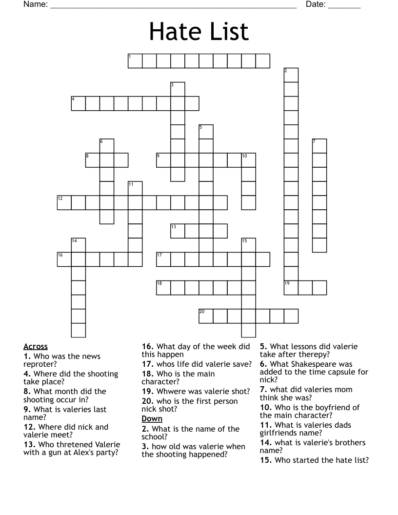 Hate List Crossword