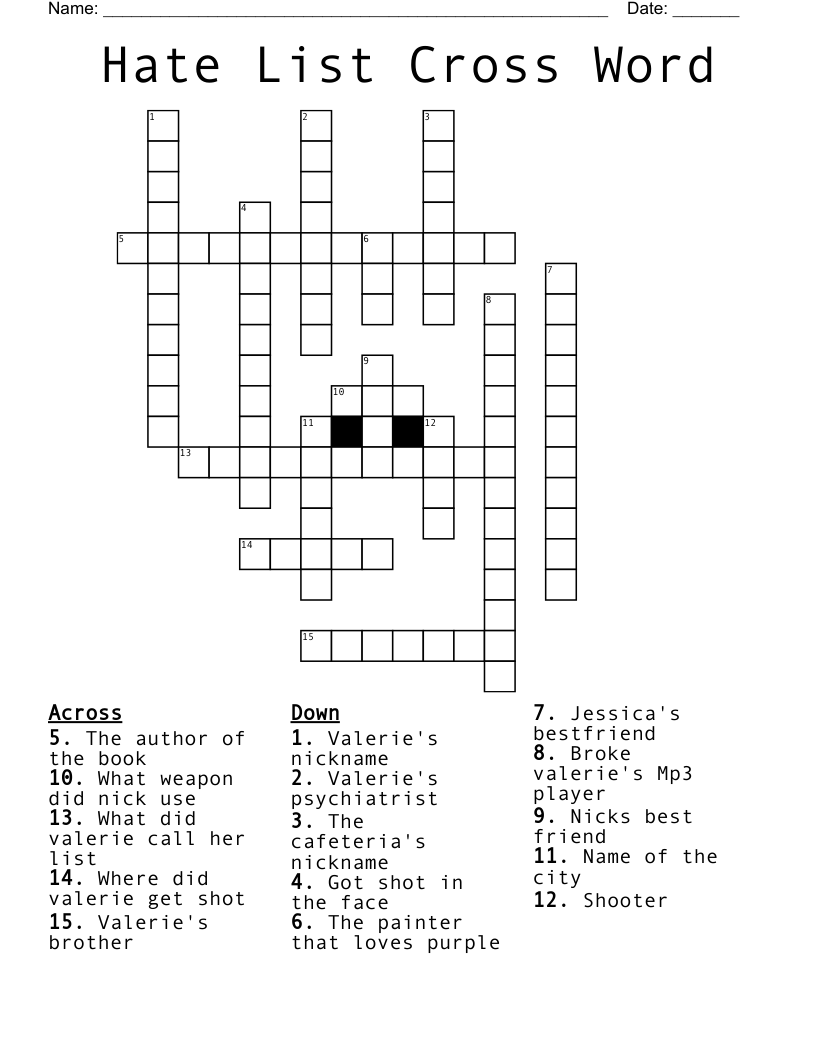 Hate List Cross Word