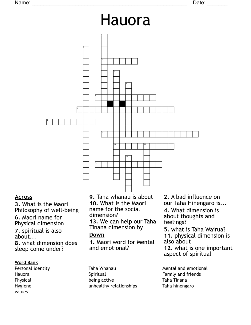 Hauora  Crossword