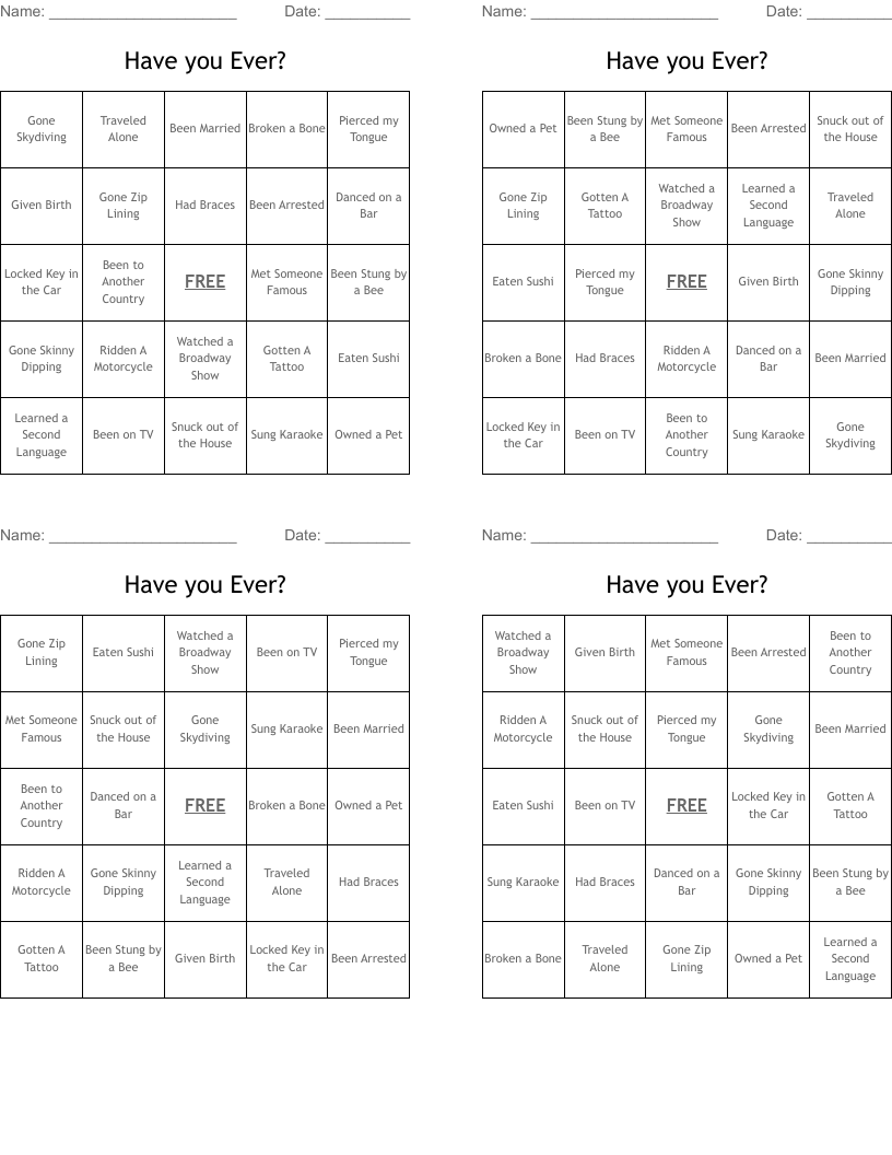 Have you Ever? Bingo Cards