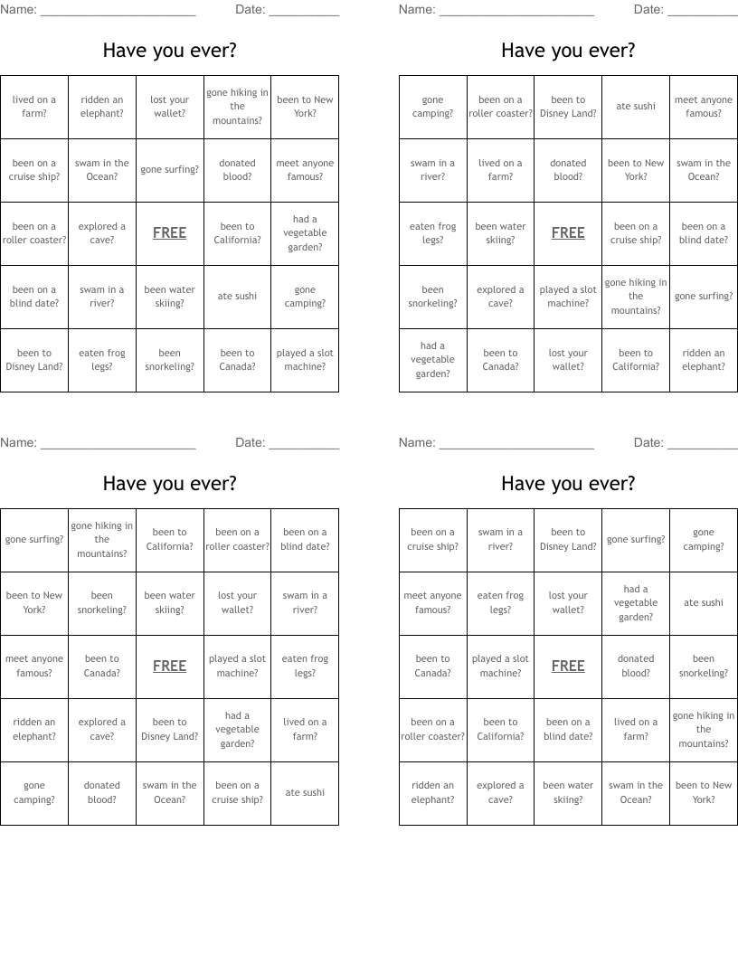 Have you ever? Bingo Cards