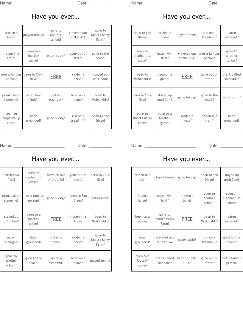 Have you ever... Bingo Cards