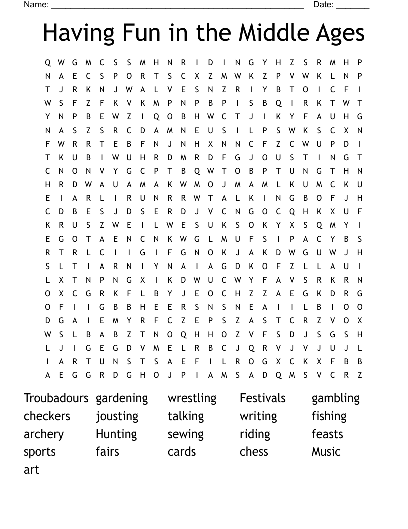 Having Fun in the Middle Ages Word Search