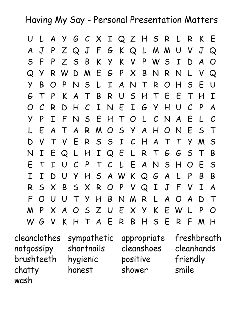 Having My Say - Personal Presentation Matters Word Search