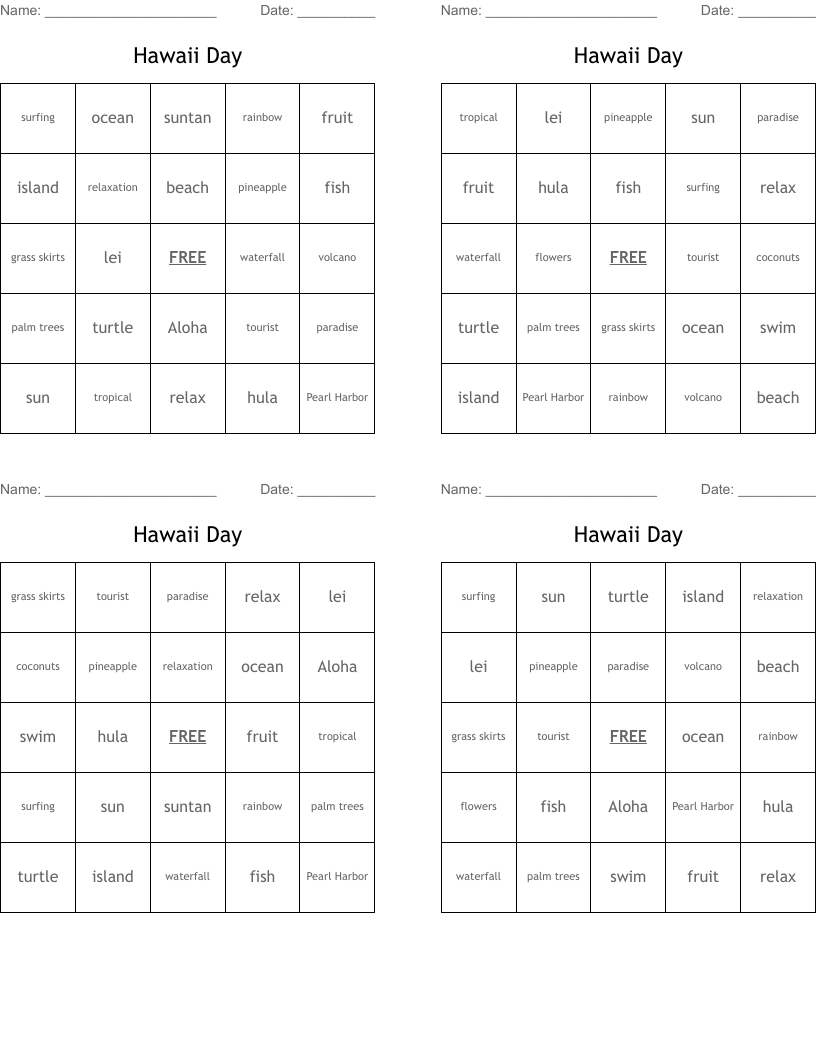 Hawaii Day Bingo Cards