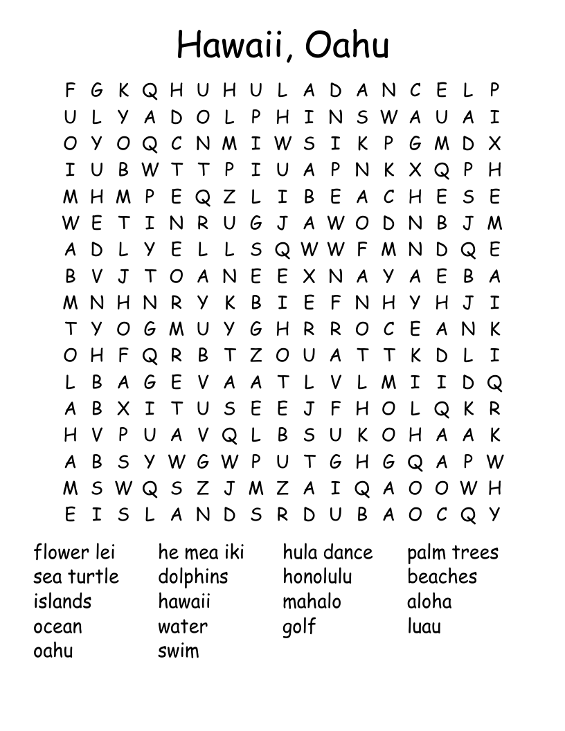 Hawaii, Oahu Word Search