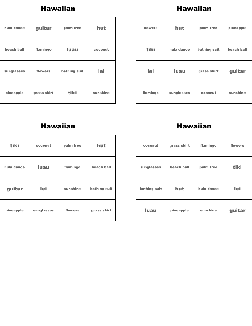Hawaiian Bingo Cards