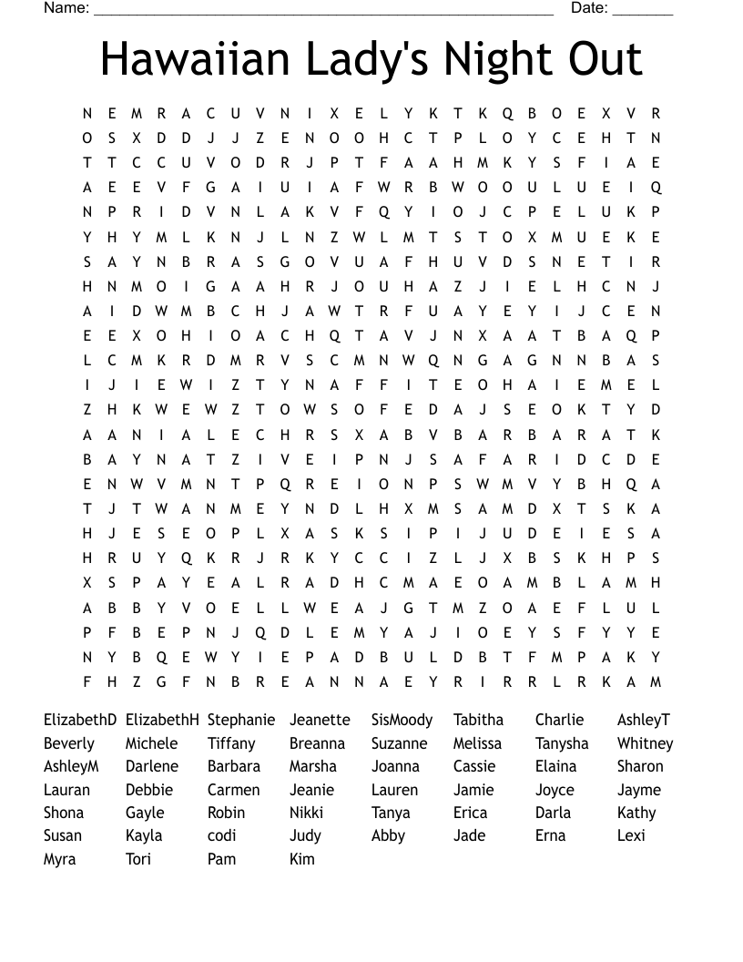 Hawaiian Lady's Night Out Word Search