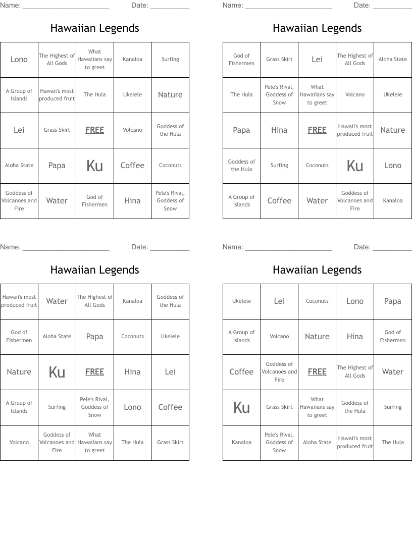 Hawaiian Legends  Bingo Cards