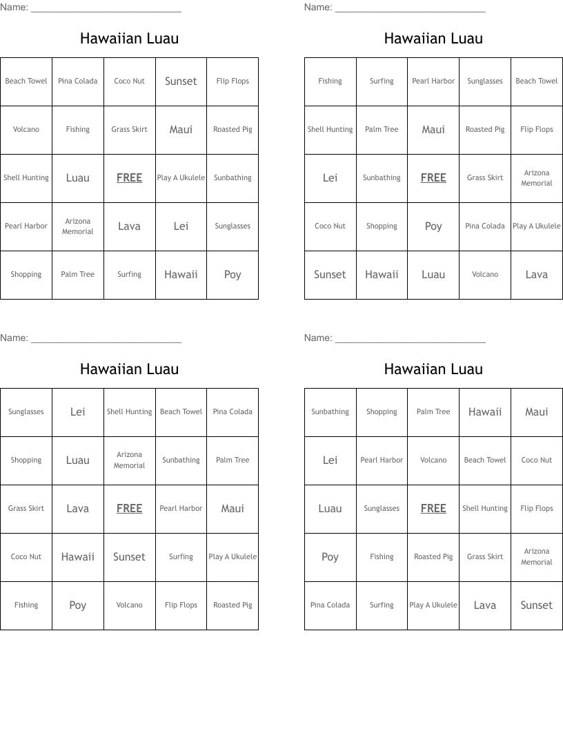 Hawaiian Luau Bingo Cards