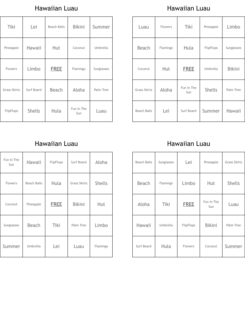 Hawaiian Luau Bingo Cards