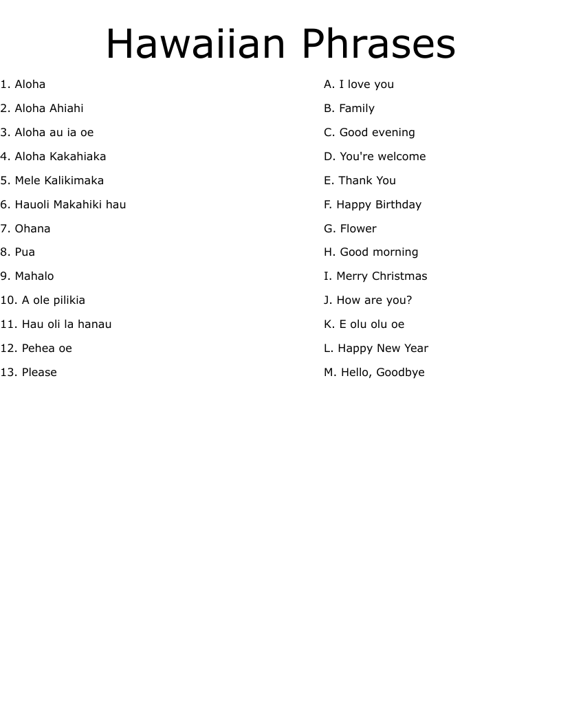 Hawaiian Phrases Worksheet