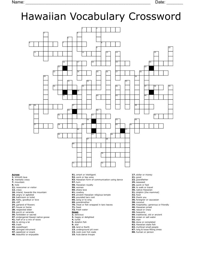 Hawaiian Vocabulary Crossword