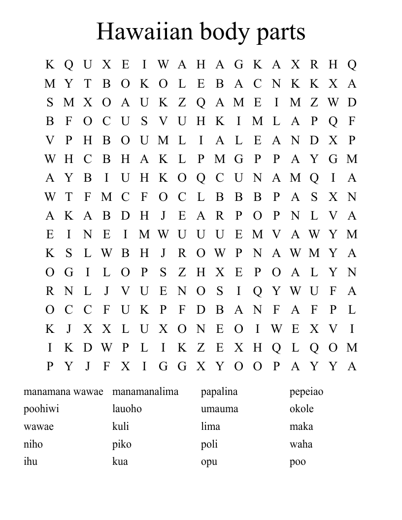 Hawaiian body parts Word Search