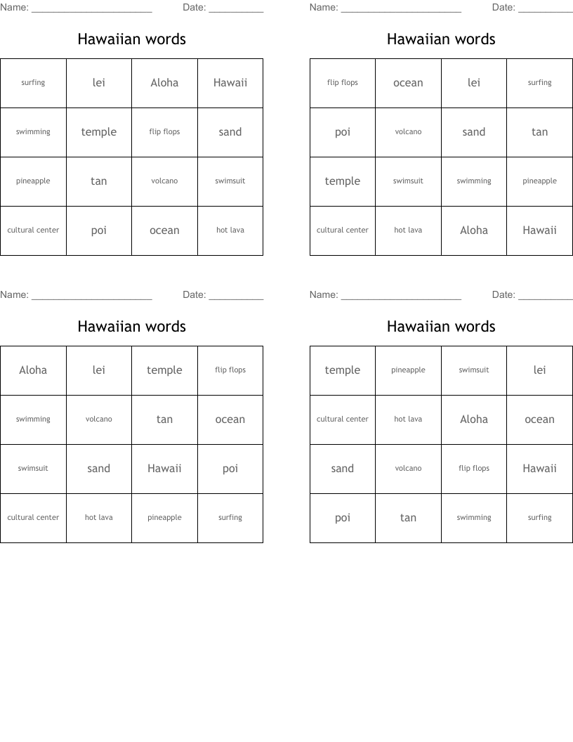 Hawaiian words Bingo Cards