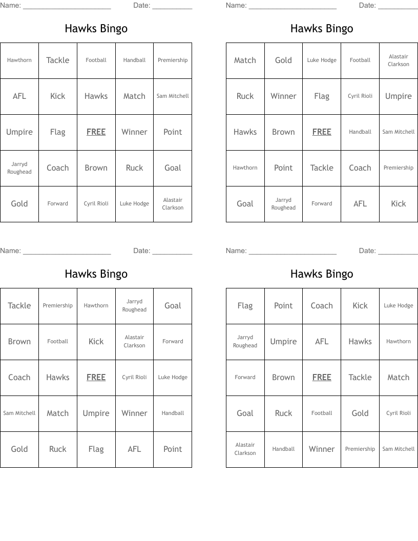 Hawks Bingo