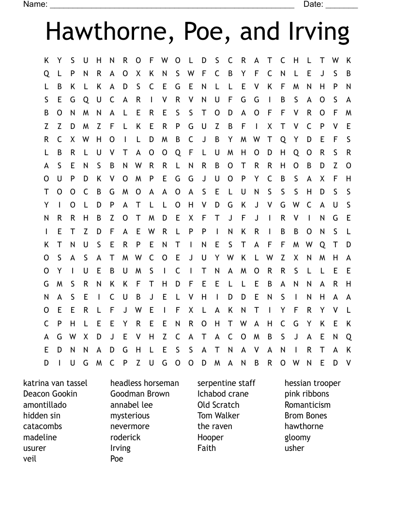 Hawthorne, Poe, and Irving Word Search