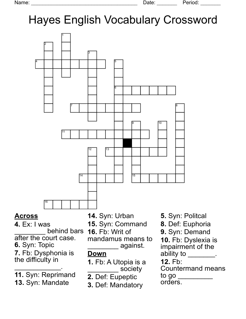 Hayes English Vocabulary Crossword  